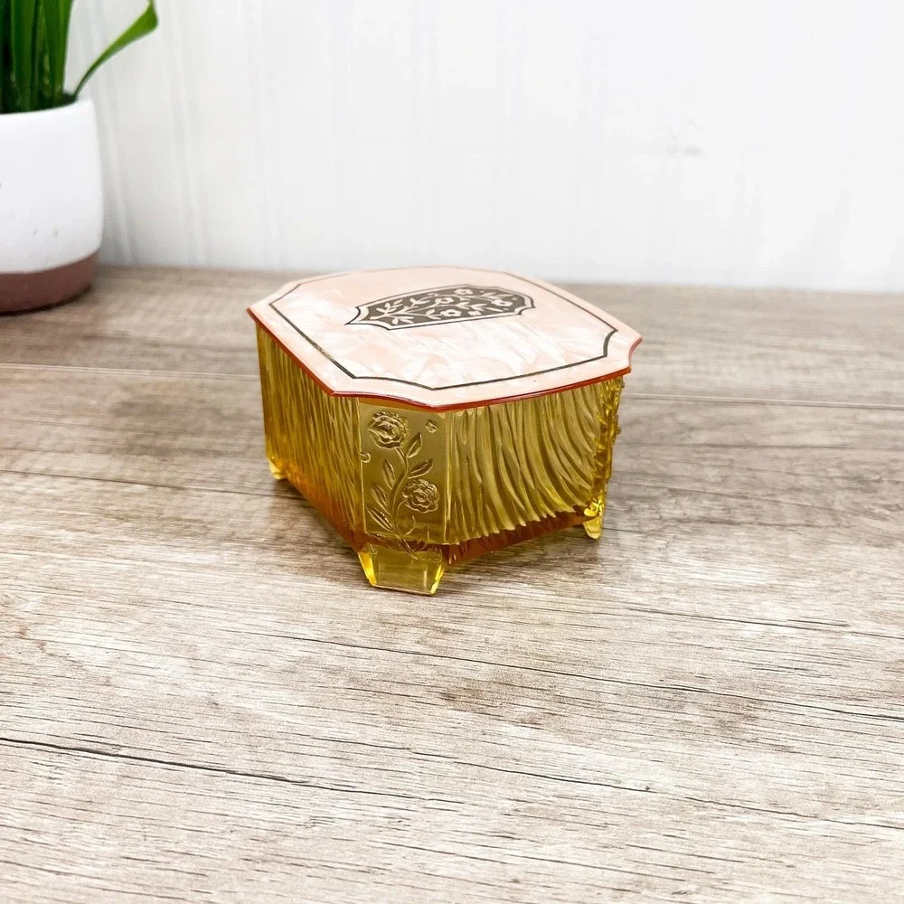 Vintage Vanity Glass Powder Jar, Pink Container, Trinket Dish